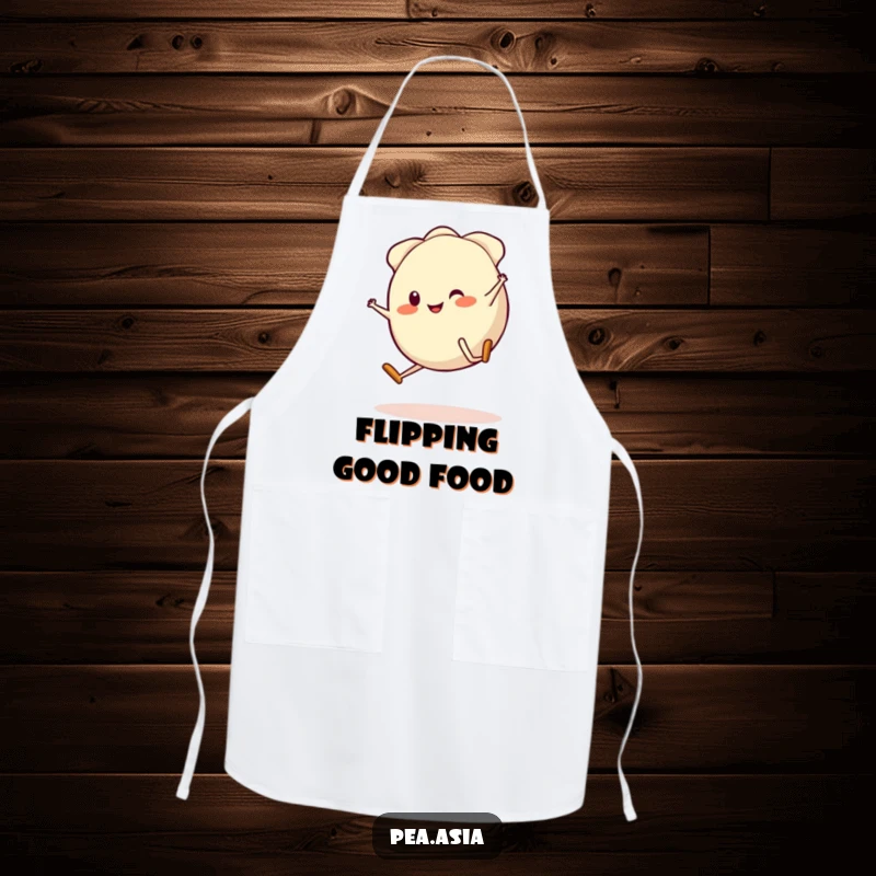 Funny Gyoza Apron: A smiling gyoza with legs mid-cartwheel, ready to assist in the kitchen with humor and style for any cook.
