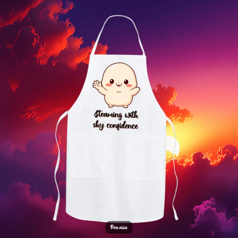 Funny apron showcasing a shy dumpling character, small arms waving shyly, ideal for kitchen use and cute cooking.