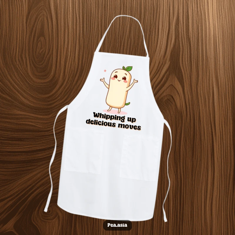 Funny apron with a cute spring roll character performing a graceful dance move, perfect for a delightful cooking experience.