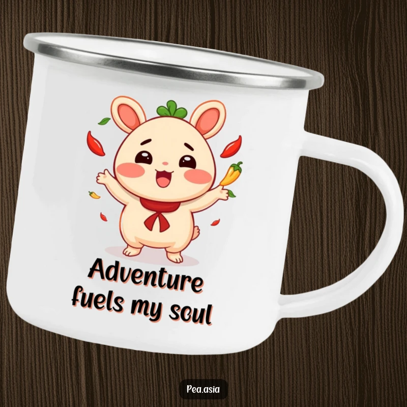 Funny camping mug featuring a cheerful bao bun juggling small chili peppers with palpable excitement, great for outdoor use.