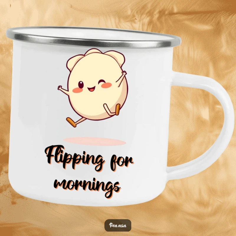 Funny Gyoza Camping Mug: A durable mug showcasing a cartwheeling gyoza character, perfect for sipping your favorite drink during outdoor escapades.