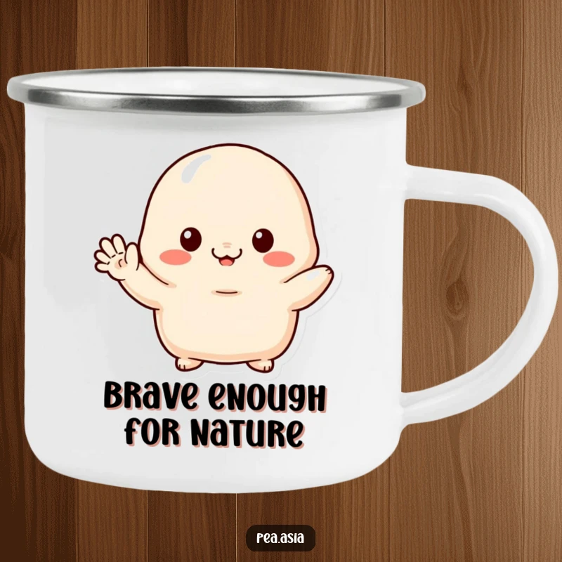 Funny camping mug featuring a shy dumpling character with small arms, shyly waving, perfect for outdoor beverage enjoyment.