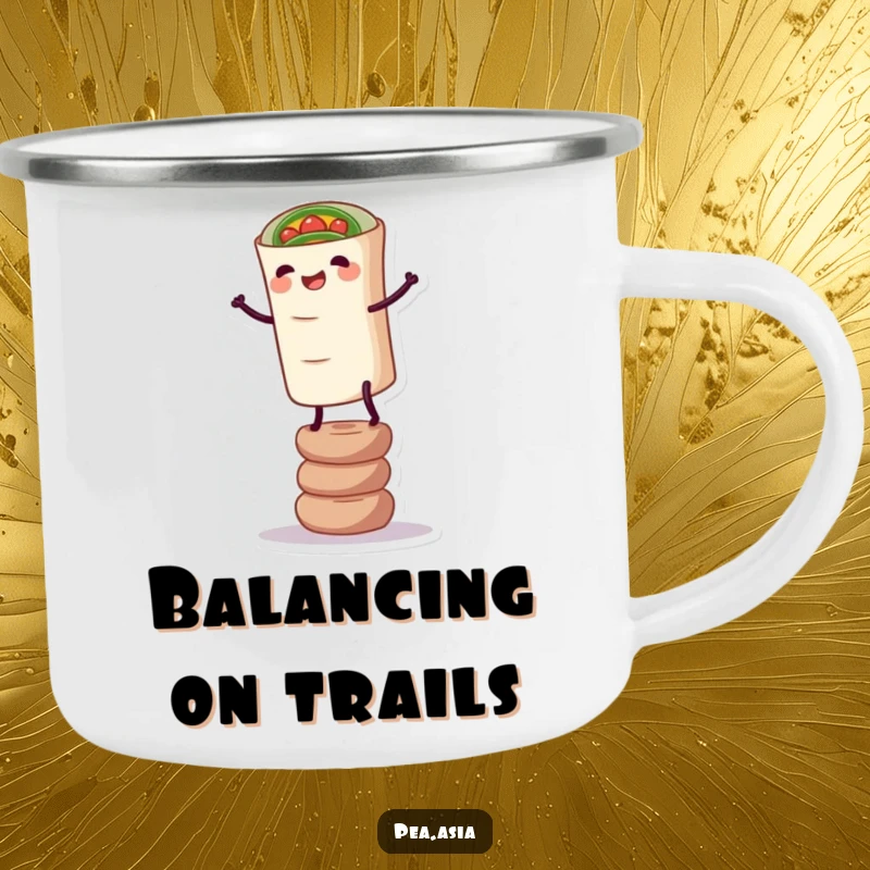 Funny Spring Roll Camping Mug: A durable mug with a happy spring roll character balancing precariously, ideal for sipping drinks in the wild.