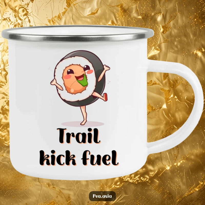 Funny sushi kick camping mug showing a smiling sushi roll character in a high kick, perfect for outdoor fun.