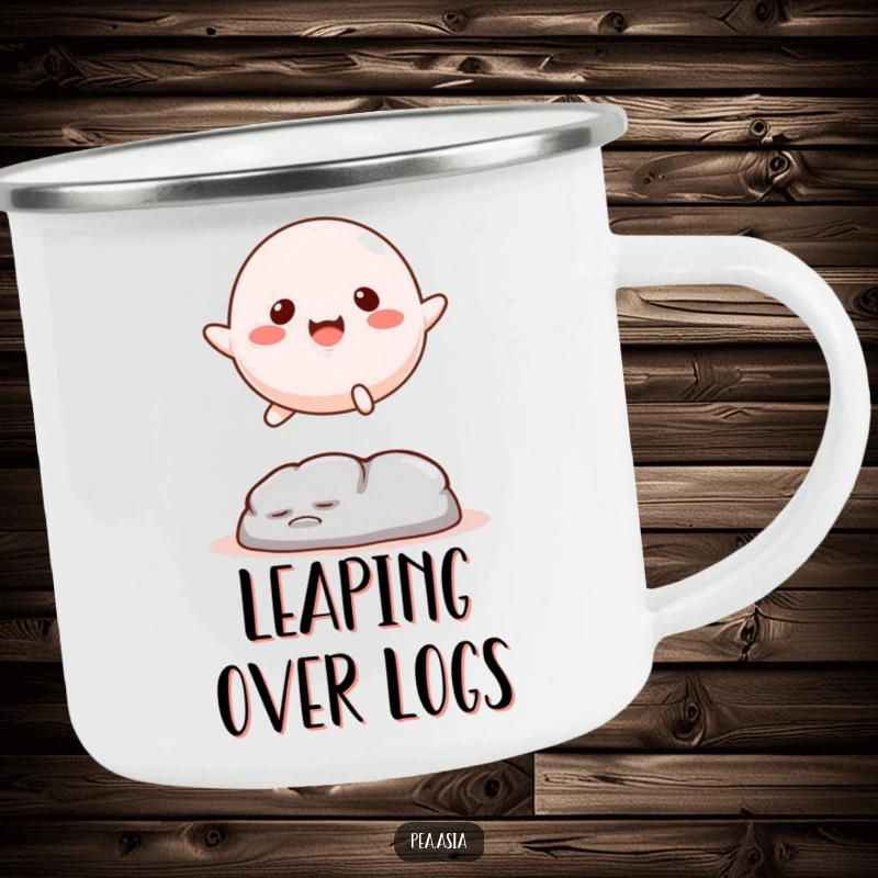 Funny Mochi Camping Mug: A durable mug showcasing a happy mochi character leaping over an obstacle, perfect for enjoying drinks in the great outdoors.