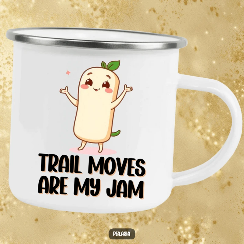 Funny camping mug with a cute spring roll character doing a graceful dance move with pure delight, perfect for outdoors.