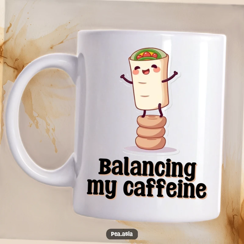 Funny Spring Roll Mug: A cheerful spring roll character with legs wobbles on a tiny stack, showcasing a humorous and relatable moment.