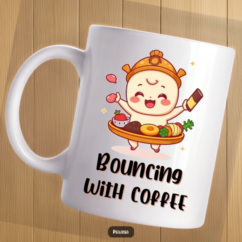 Funny Dim Sum Mug: A happy dim sum platter character with various items bounces joyfully, radiating fun and deliciousness.