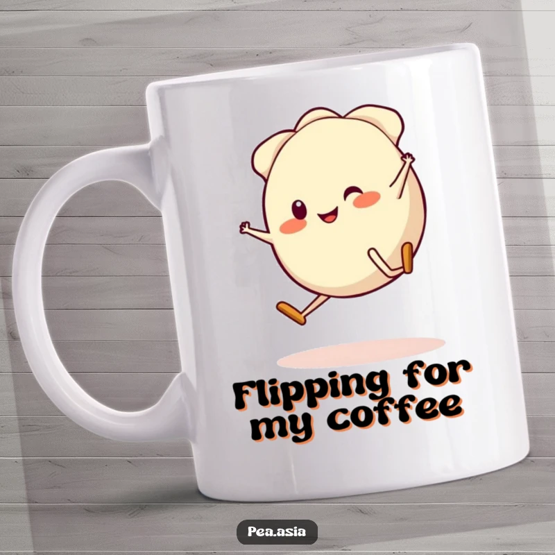 Funny Gyoza Mug: A smiling, cartoon gyoza with legs joyfully performs a cartwheel, bringing laughter and fun to your kitchen.