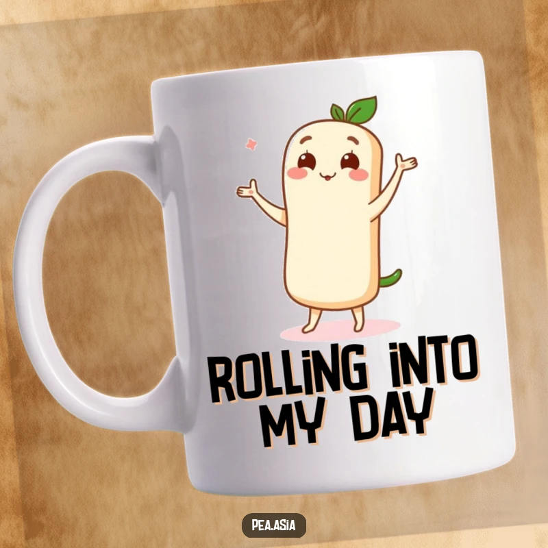 Funny mug featuring a cute spring roll character elegantly performing a delightful dance move with pure joy.
