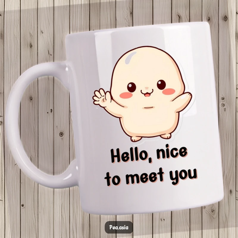 Funny mug featuring a shy dumpling character with tiny arms, hesitantly waving hello, perfect for introverts and food lovers.