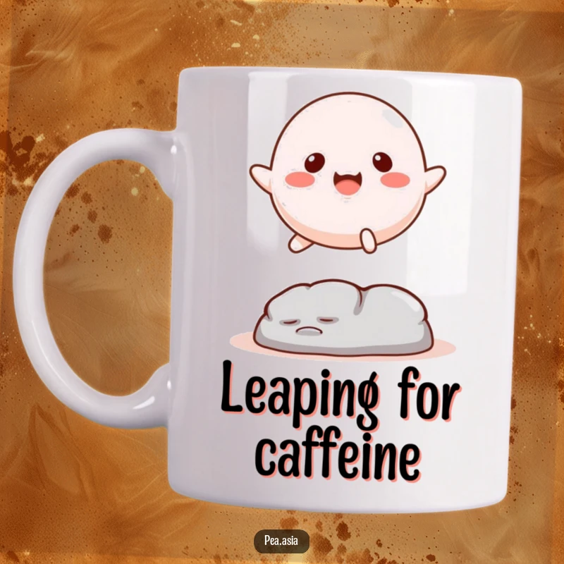 Funny Mochi Mug: A happy mochi character with legs gracefully leaps over a small obstacle, embodying playful sweetness and joy.