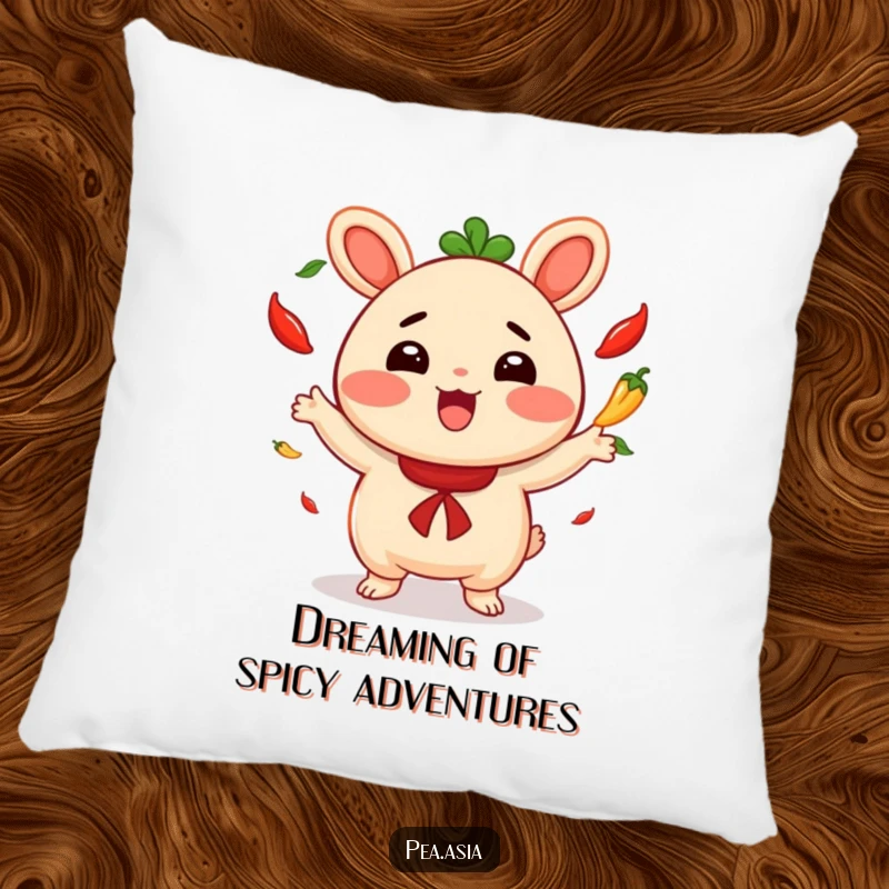 Funny pillow featuring a happy bao bun character juggling several small, vibrant chili peppers with evident excitement.