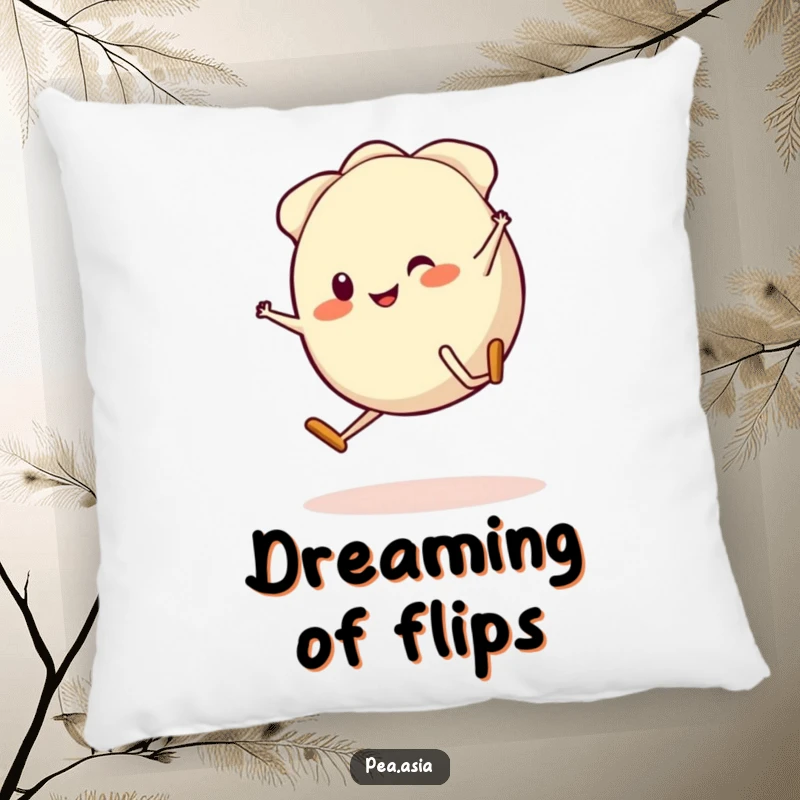 Funny Gyoza Pillow: A plush pillow featuring a cheerful gyoza character with legs doing a cartwheel, offering both comfort and comedic flair.