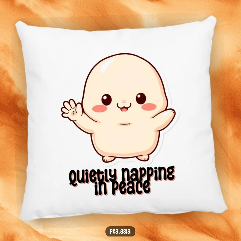 Funny pillow featuring a shy dumpling character with small arms, giving a shy wave, perfect for adding cute comfort.