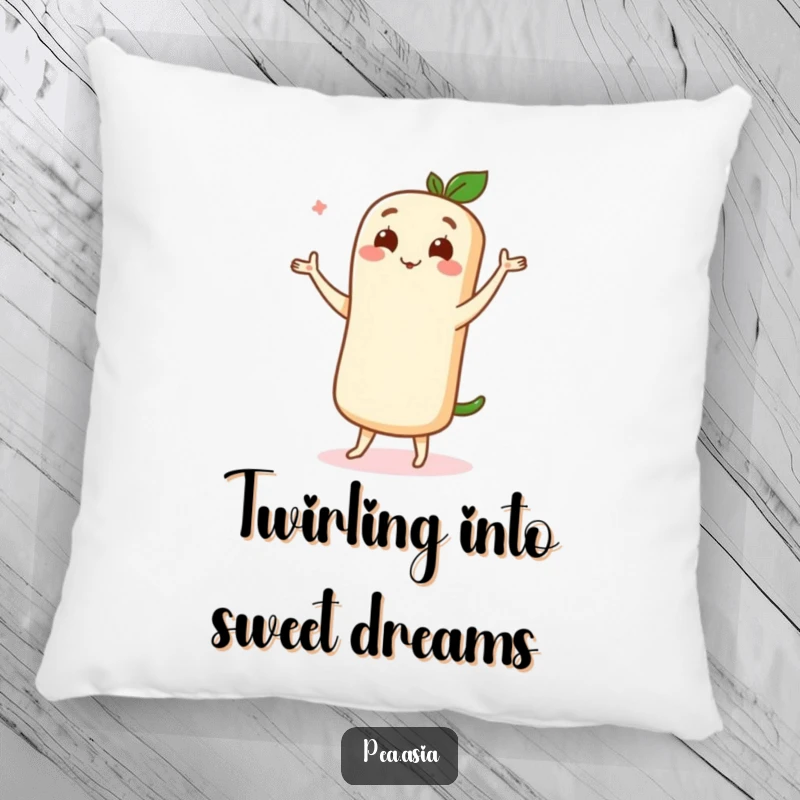 Funny pillow featuring a cute spring roll character in a graceful dance pose, radiating delight and comfort.