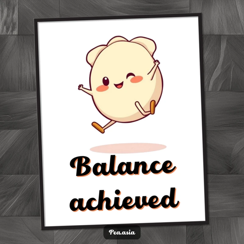 Funny Gyoza Digital Art Print: A high-resolution image of a smiling gyoza character with legs performing a cartwheel, ready for printing.