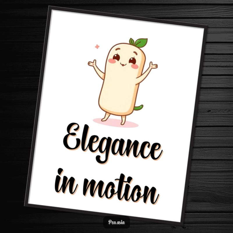 Funny digital art print of a cute spring roll character performing a graceful dance move with pure delight, for elegant decor.