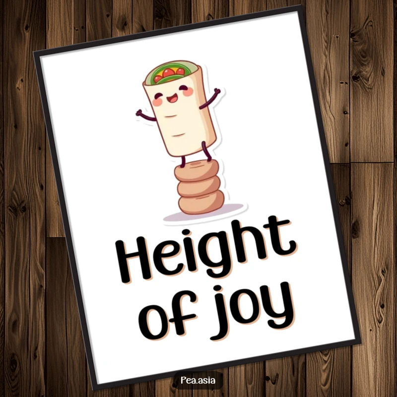 Funny Spring Roll Digital Art Print: High-resolution image of a happy spring roll with legs balancing precariously, ready for printing.