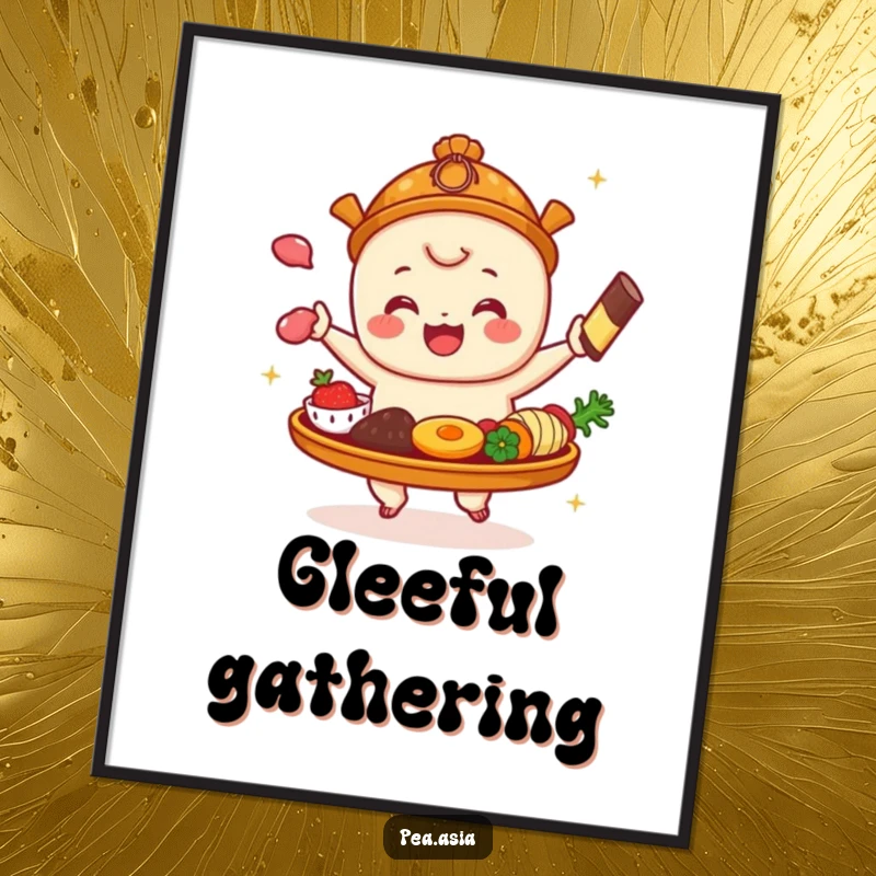 Funny Dim Sum Digital Art Print: High-resolution image of a dim sum platter with items bouncing joyfully, ready for printing.