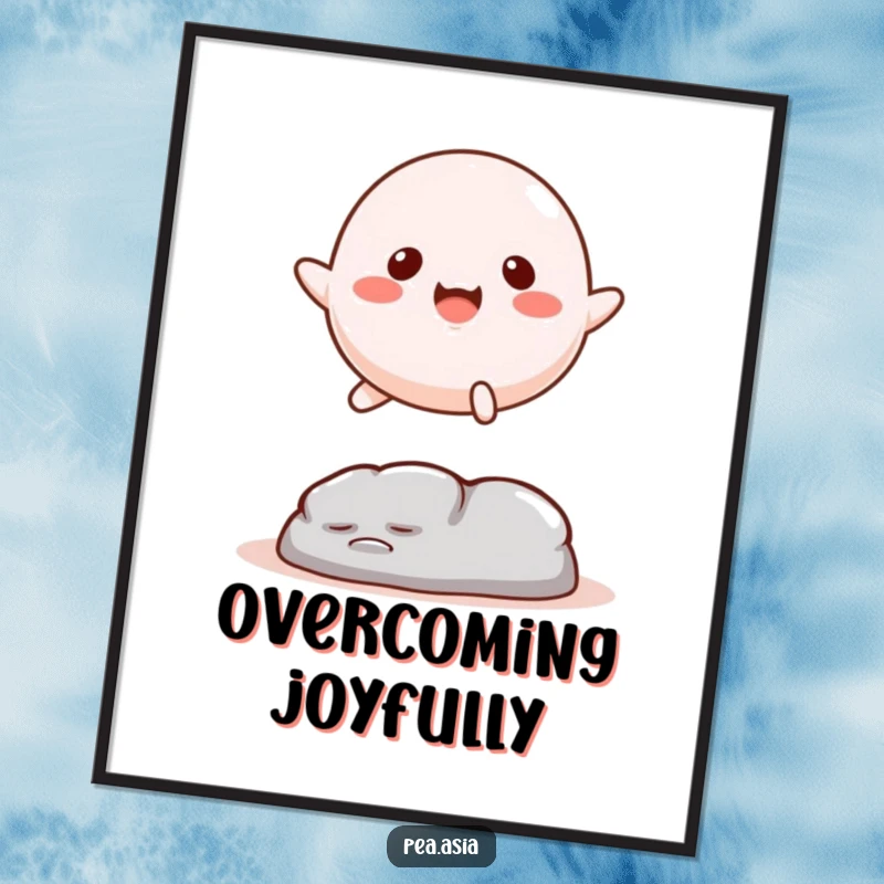 Funny Mochi Digital Art Print: High-resolution image of a happy mochi character leaping over an obstacle, ready for printing.