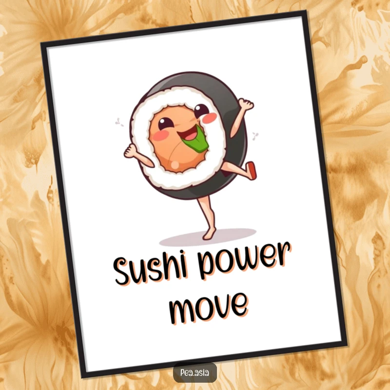 Funny sushi kick digital art print showing a smiling sushi roll character executing a dynamic high kick.