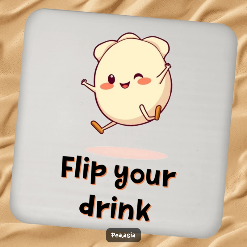 Funny Gyoza Coaster: A charming coaster featuring a gyoza character with legs doing a cartwheel, protecting surfaces with humor.