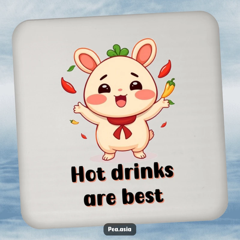 Funny drink coasters featuring a cheerful bao bun character juggling small chili peppers with great excitement and flair.