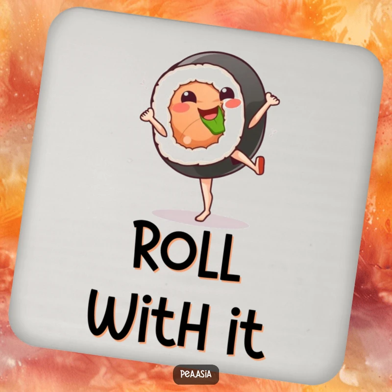 Funny sushi kick coaster featuring a smiling sushi roll character performing a high kick, adding a playful touch.