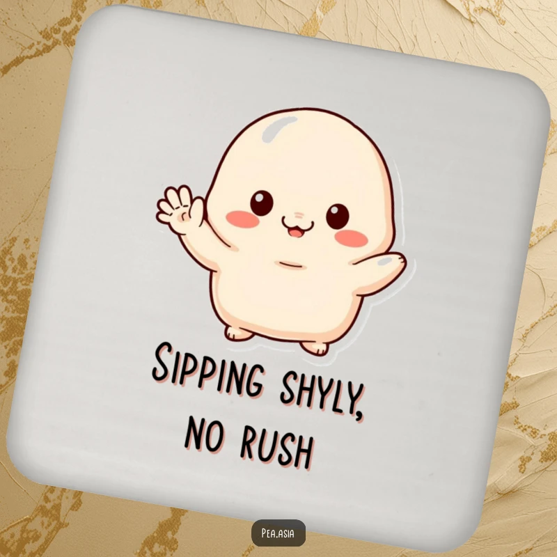 Funny drink coasters featuring a shy dumpling character, small arms waving, ideal for protecting tables with cute flair.