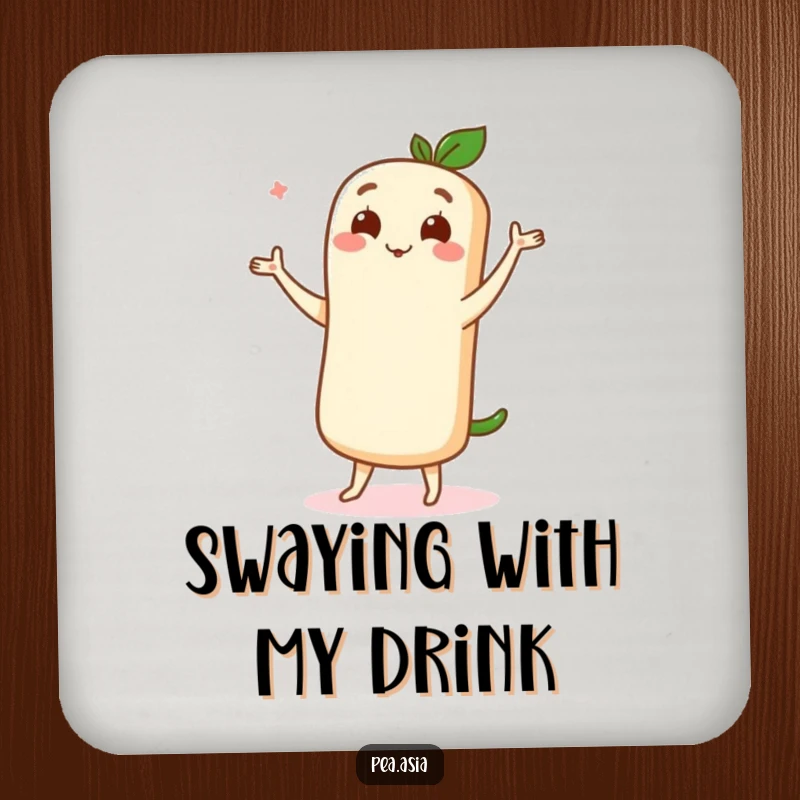 Funny drink coasters featuring a cute spring roll character in a graceful dance pose, radiating delight, perfect for tables.
