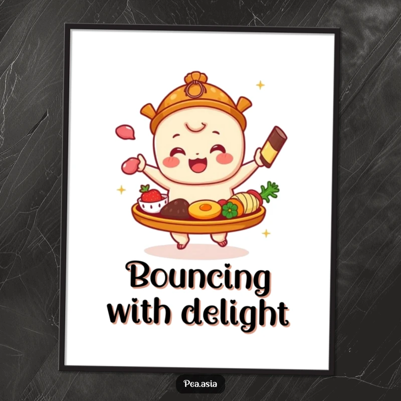 Funny Dim Sum Poster: A cheerful dim sum platter character with various food items joyfully bouncing, creating a fun and vibrant wall art piece.