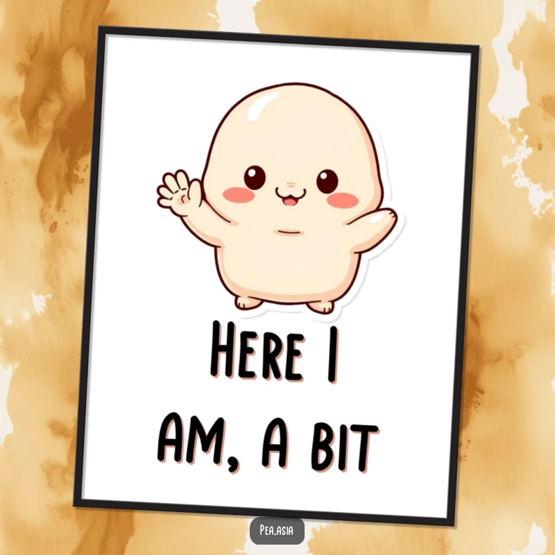 Funny poster art of a shy dumpling character with tiny arms, offering a shy wave, adding cute charm to any room.