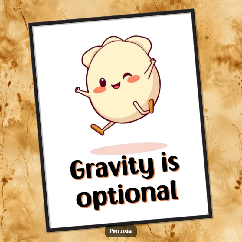 Funny Gyoza Poster: A smiling gyoza character with legs in mid-cartwheel, adding a touch of playful and humorous energy to any wall.