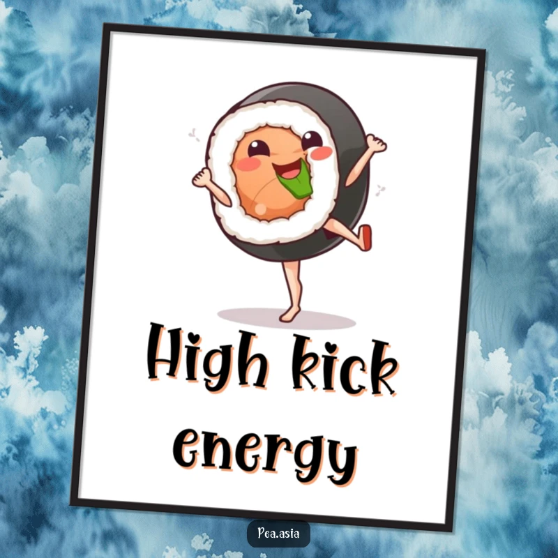 Funny sushi kick poster featuring a smiling sushi roll character executing a high kick, bringing playful energy.