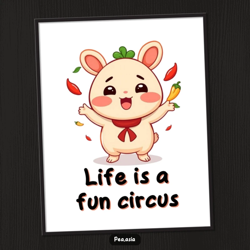 Funny poster showcasing a cheerful bao bun character masterfully juggling small, red chili peppers with great excitement.