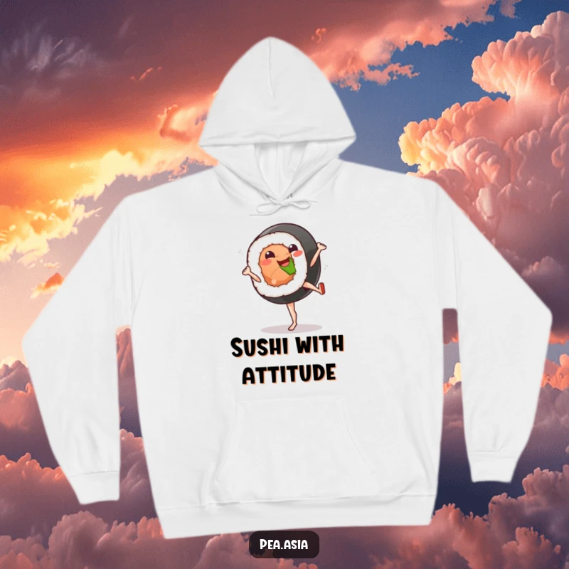 Funny sushi hoodie featuring a smiling sushi roll character with legs executing a spirited high kick for ultimate comfort.