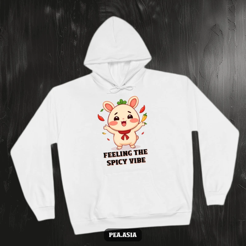 Funny hoodie depicting a happy bao bun character juggling hot chili peppers with great excitement and enthusiasm.