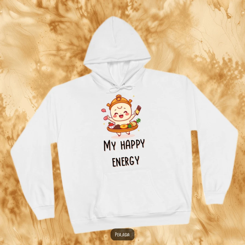 Funny Dim Sum Hoodie: A happy dim sum platter character with various items bouncing with glee, featured on a comfortable and fun hoodie.