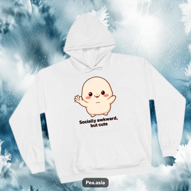 Funny hoodie depicting a shy dumpling character with tiny arms, shyly waving, great for cozying up and sharing laughs.
