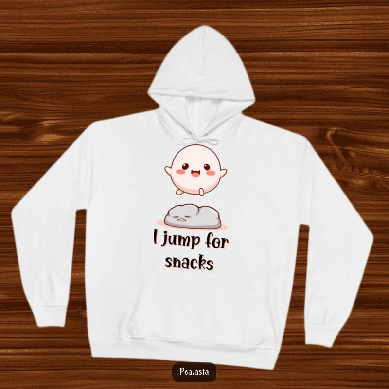 Funny Mochi Hoodie: A happy mochi character with legs leaping over an obstacle, featured on a comfortable hoodie for a sweet and fun vibe.