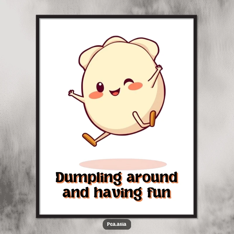 Funny Free Printable Gyoza Wall Art: A smiling dumpling performs a dynamic cartwheel, adding playful energy to your decor. Downloadable art.