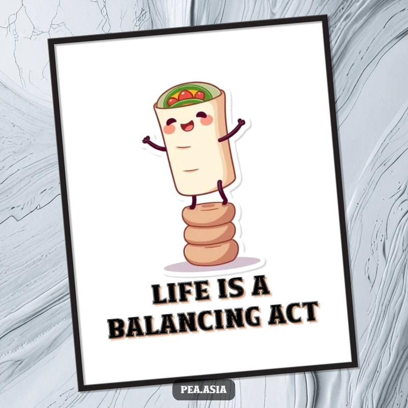 Funny Free Printable Spring Roll Wall Art: A happy spring roll teeters on a stack, creating humorous, quirky decor. Downloadable art.