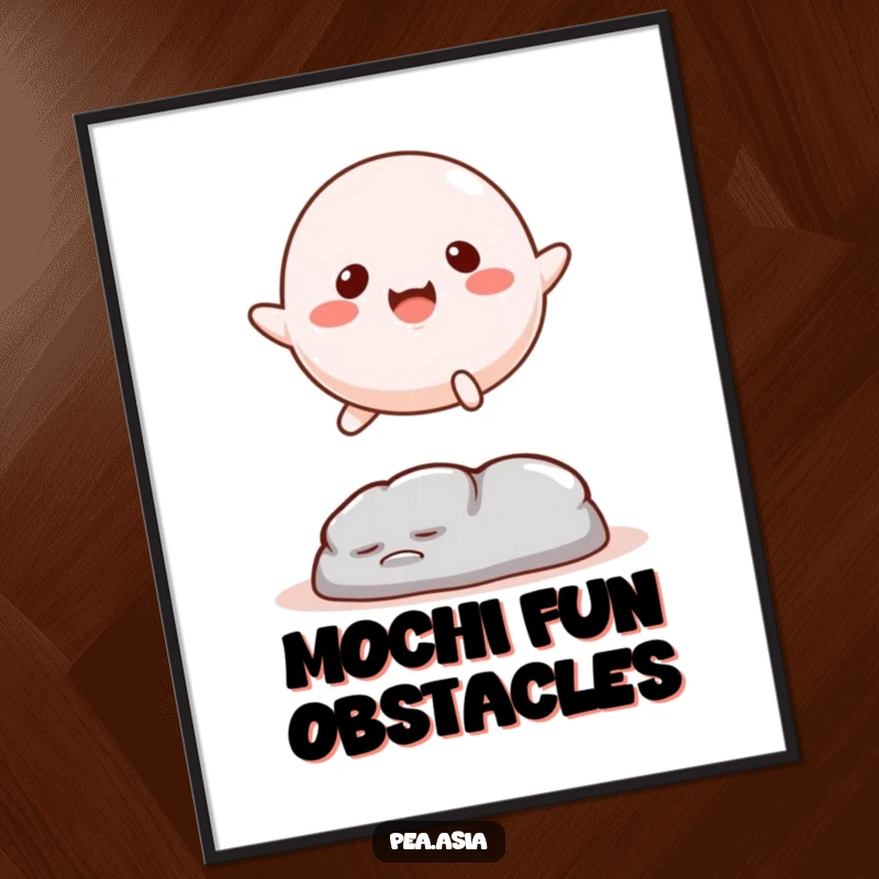 Funny Free Printable Mochi Wall Art: A happy mochi leaps over an obstacle, adding energetic and playful decor. Downloadable art.
