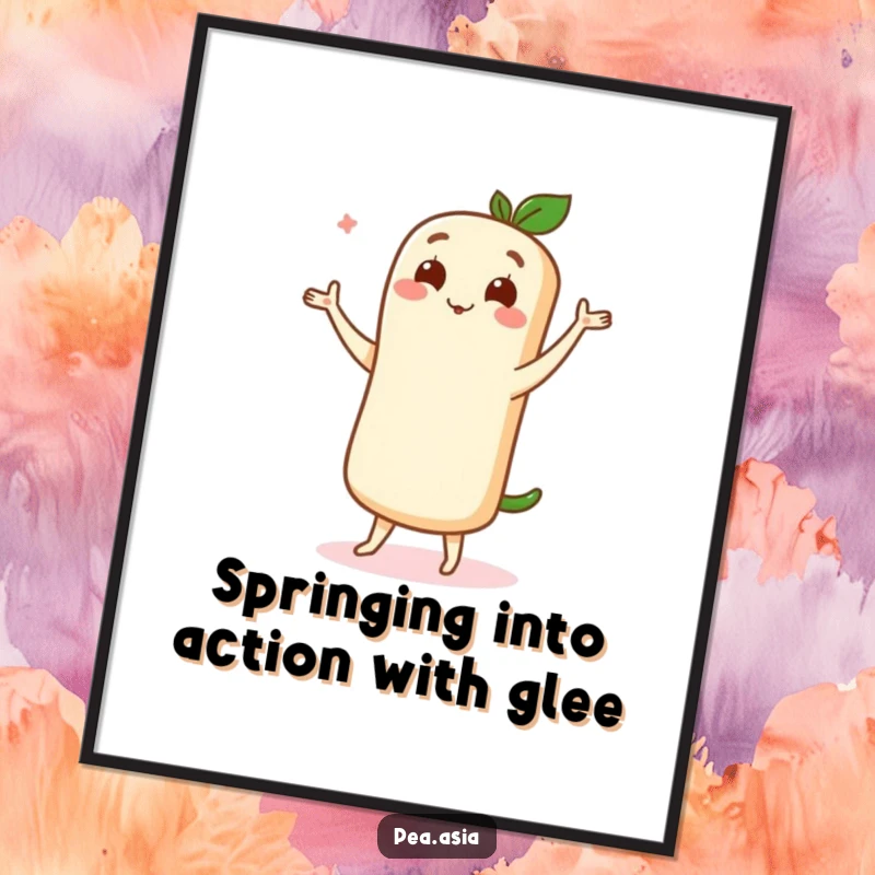 Funny Free Printable Wall Art: Cute spring roll character captured mid-dance, showcasing a delightful and graceful pose.