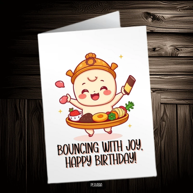 Funny Free Printable Dim Sum Platter Birthday Card: A dim sum platter bounces with glee, celebrating a birthday. Downloadable digital art.