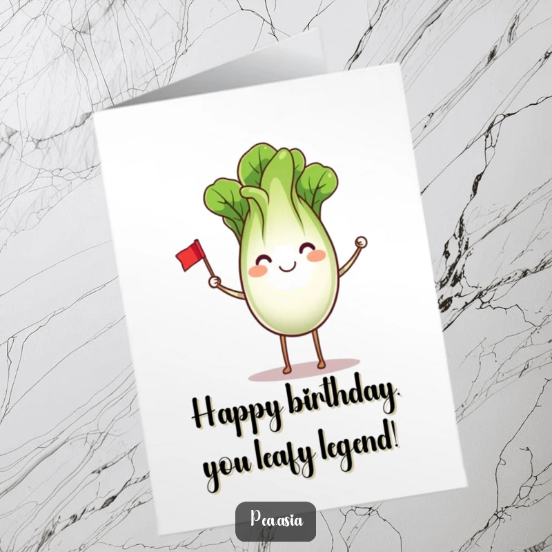 Funny Free Printable Bok Choy Birthday Card: A smiling bok choy waves a tiny flag, sending birthday wishes. Downloadable digital art.