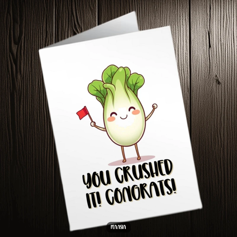 Funny Free Printable Bok Choy Congratulations Card: A smiling bok choy waves a tiny flag, celebrating victory. Downloadable digital art.