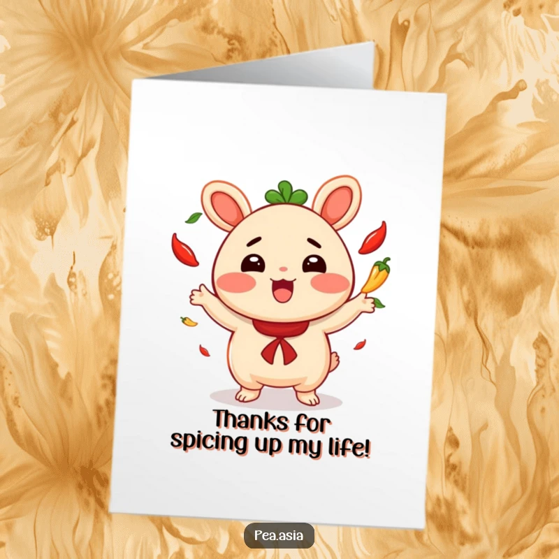 Funny Free Printable Thank You Card: Cheerful bao bun character juggling chili peppers, expressing thanks with playful excitement.