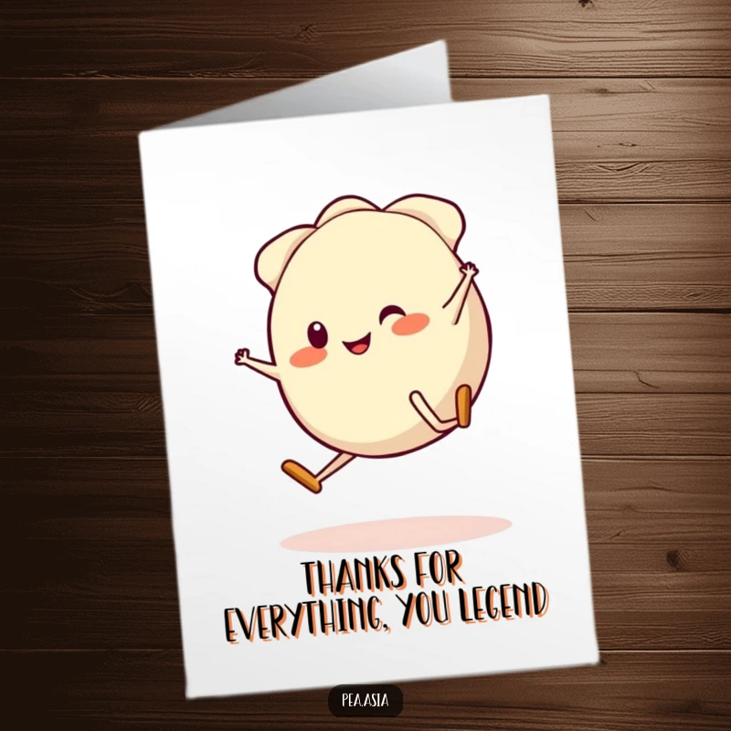 Funny Free Printable Gyoza Thank You Card: A smiling dumpling does a fun cartwheel to express thanks. Downloadable digital art.